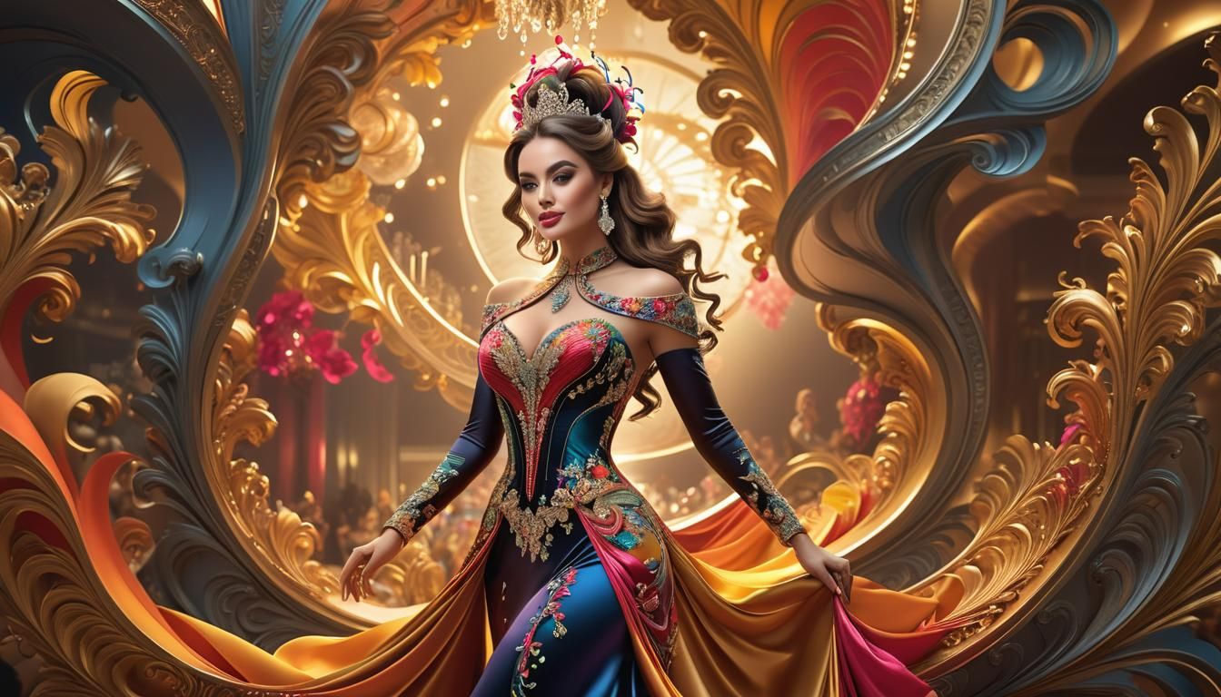 Young Lady in Multicolored Cocktail Dress: Photorealistic Ar...