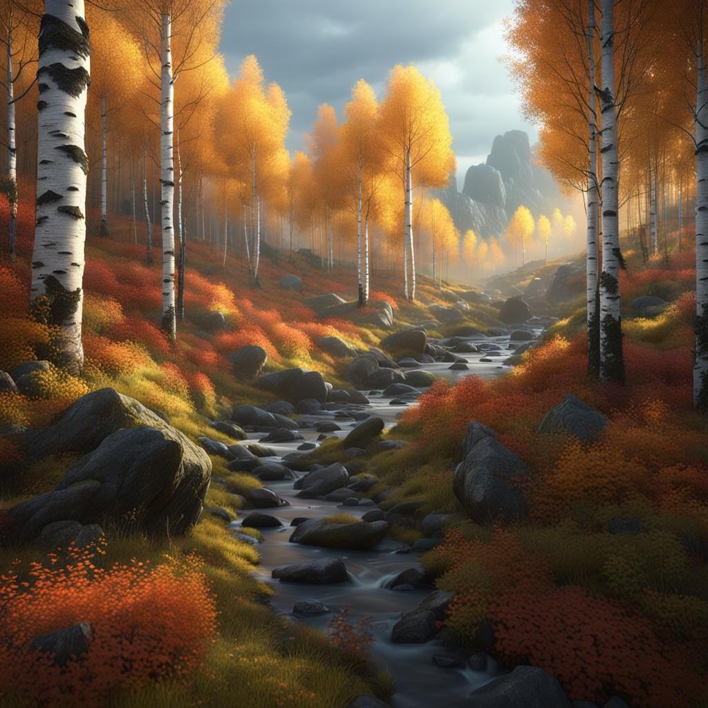 Autumn Birch Forest in Ghibli Style