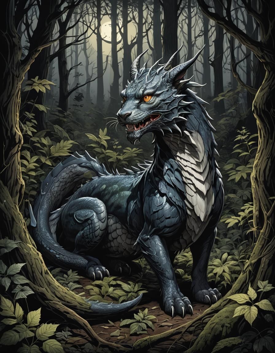 Catdragon in Moonlight Forest