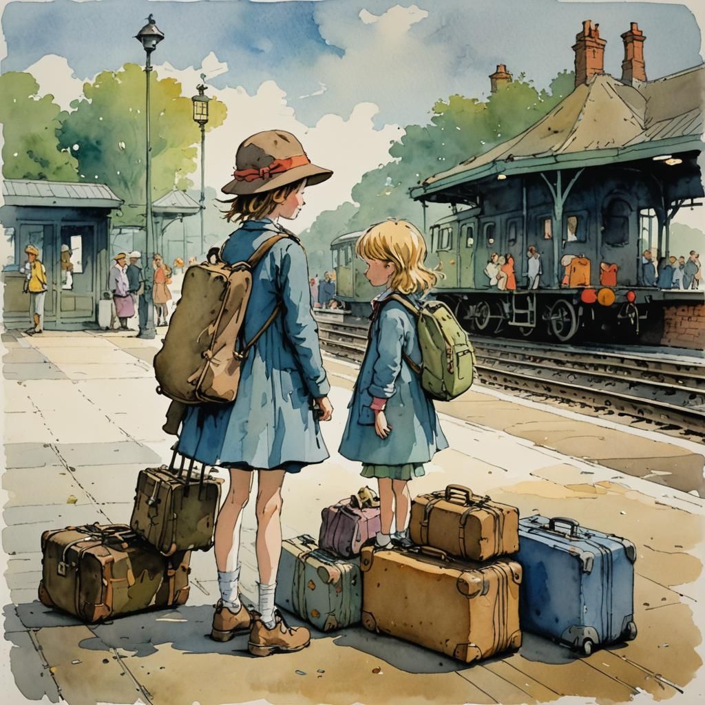 Girl Awaits Parents on Platform in Whimsical Style
