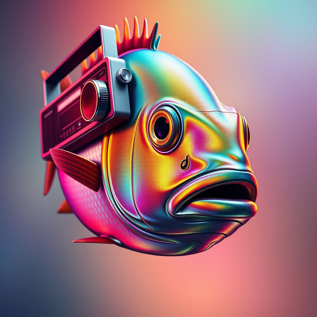 King Fish with Walkman in Hyperrealistic Style