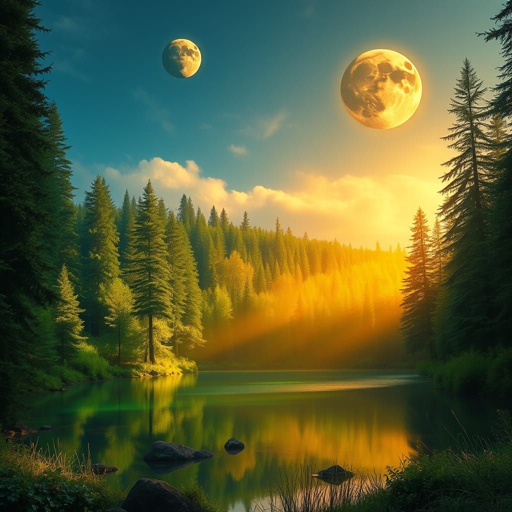 Majestic Forest Landscape with Two Vibrant Moons