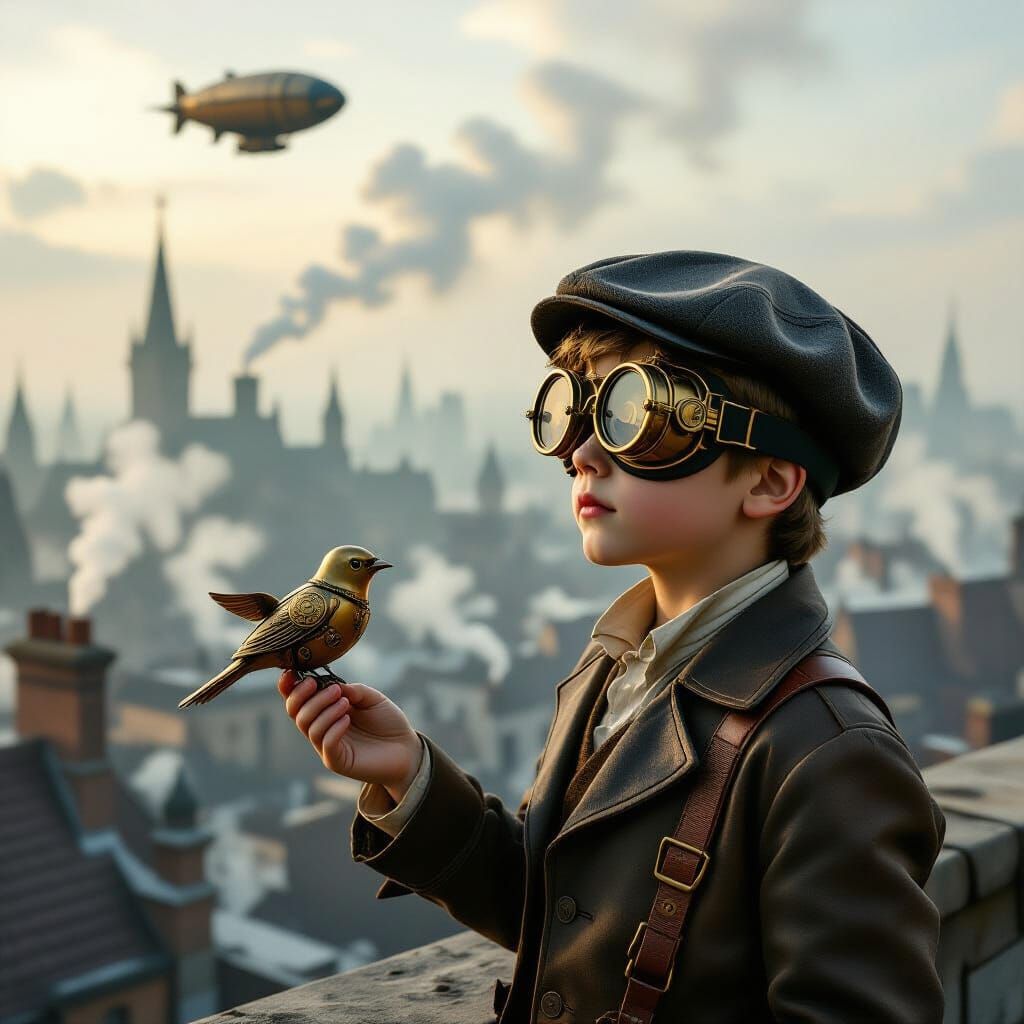 Steampunk Boy Overlooks Victorian Cityscape with Clockwork B...