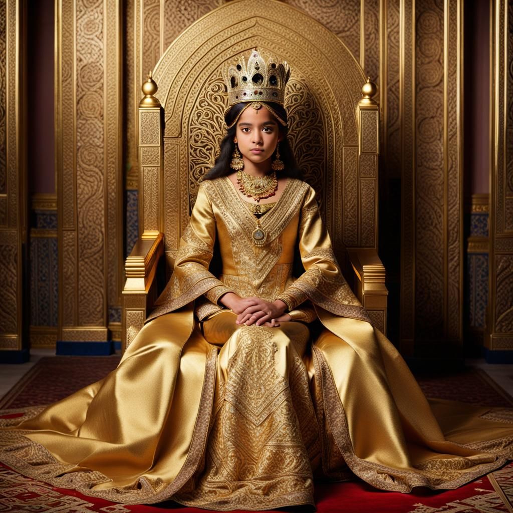 Moroccan Princess on Golden Throne in Full Dress