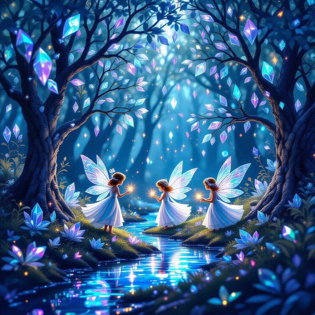 Magical Sprites Tend Crystal Forest in Ethereal Fantasy Art