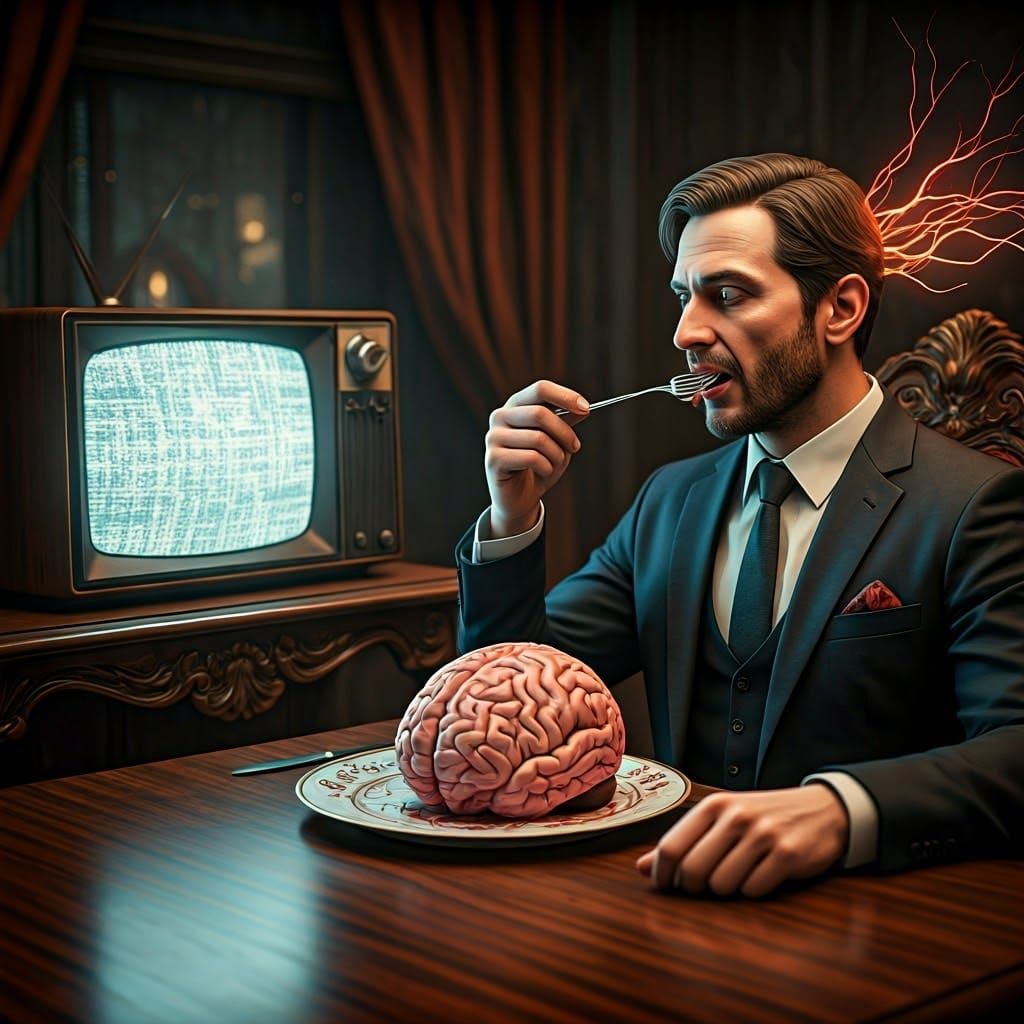 Surreal Feast: Man Prepares to Eat His Brain