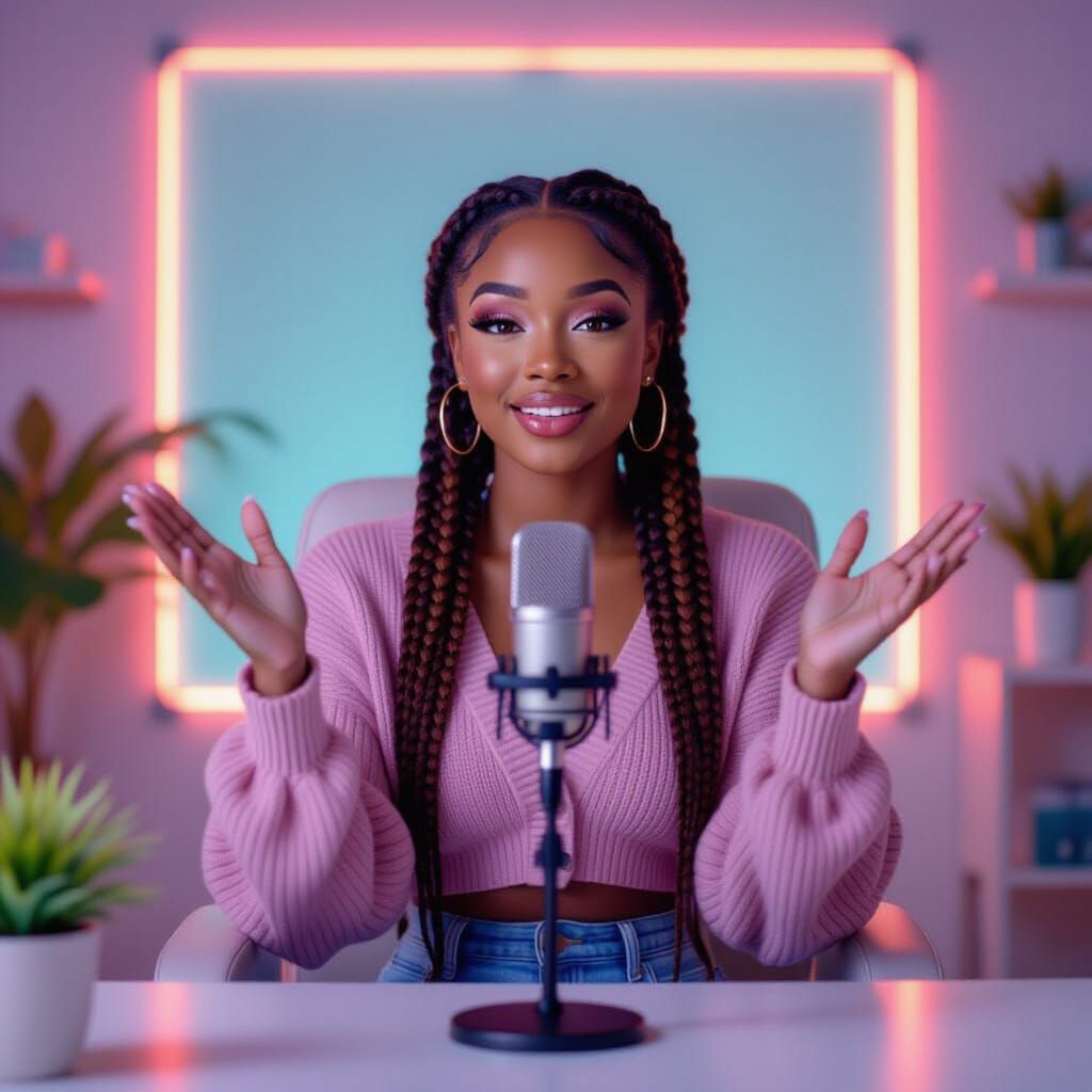 ASMR Influencer with Pastel Braids in Cozy Studio