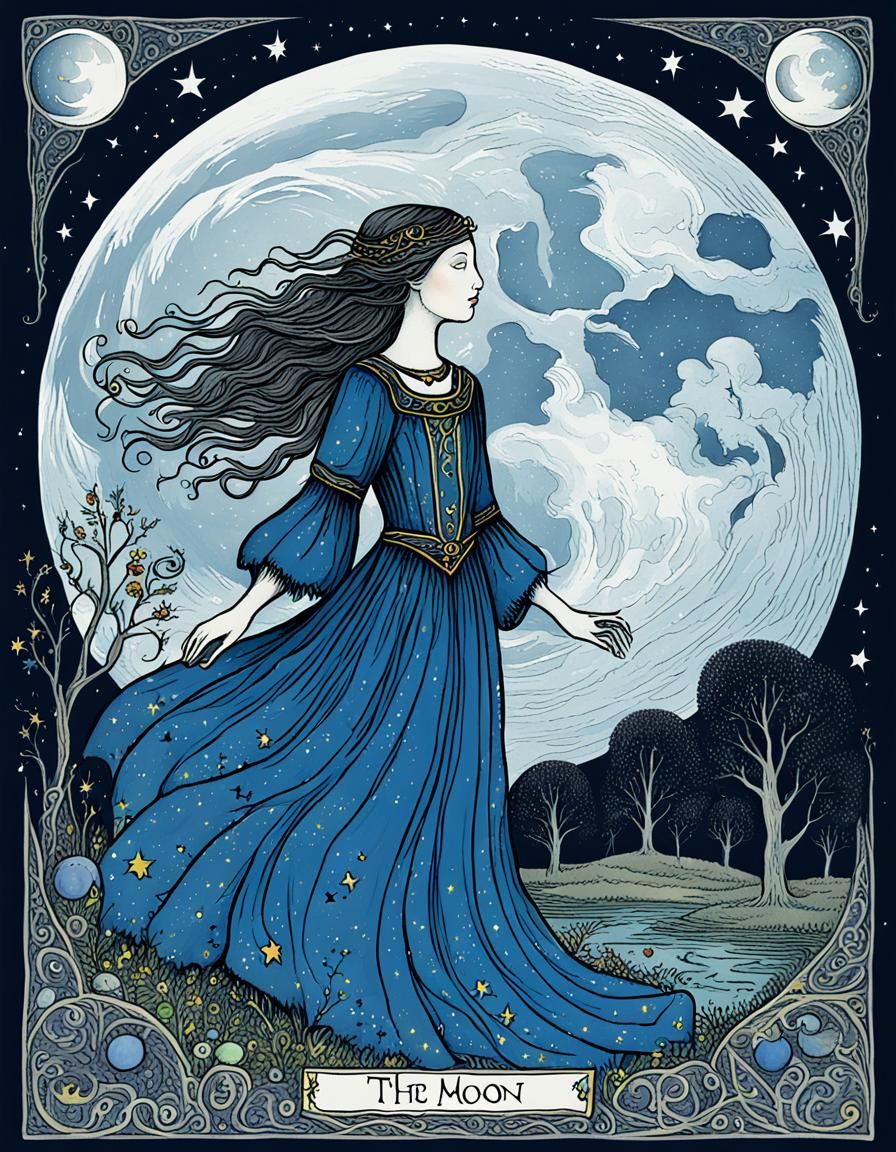 Whimsical Fantasy Tarot Card of The Moon
