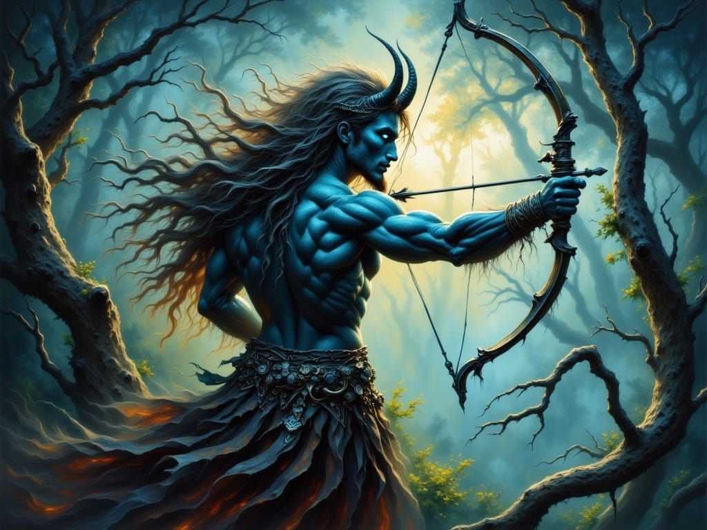 Cyberpunk Fantasy Centaur Hunter in Golden Forest