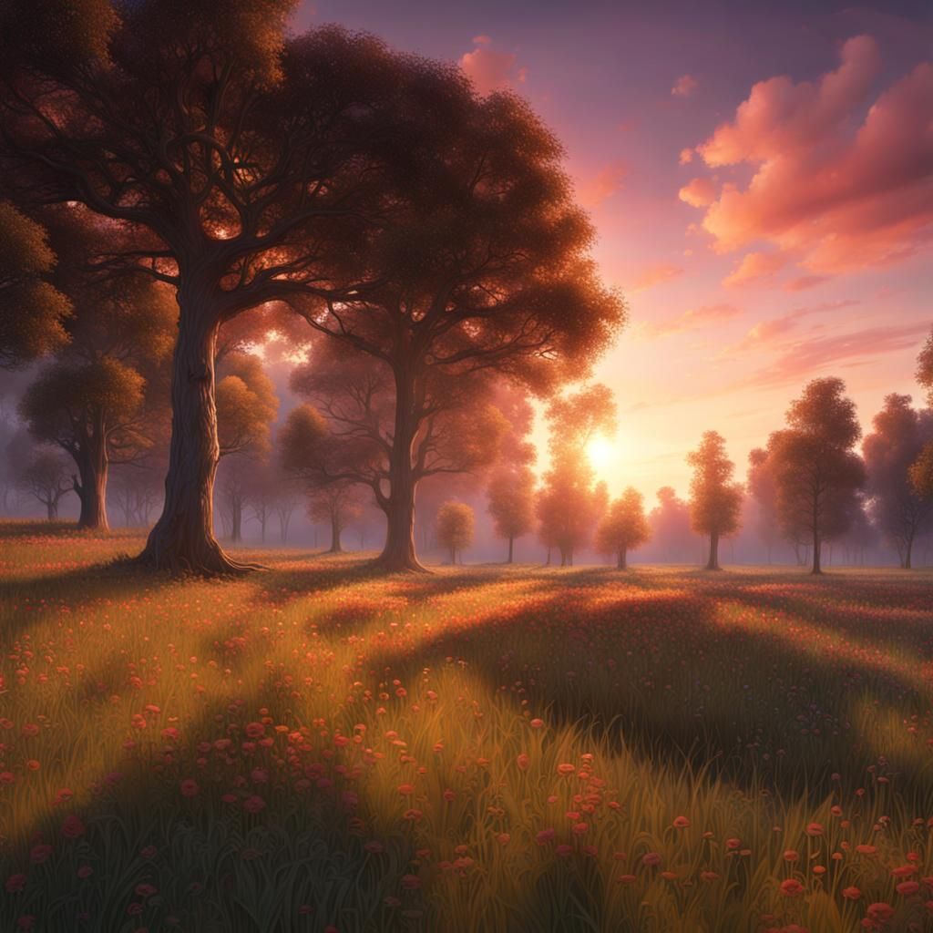 Sunrise Over Meadow: Fantasy Concept Art