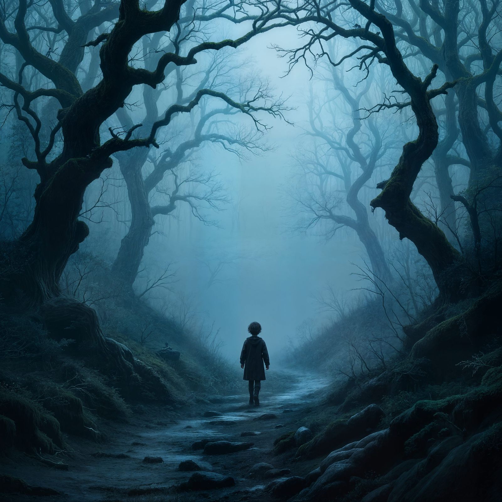 Lone Child in Foggy Forest Path