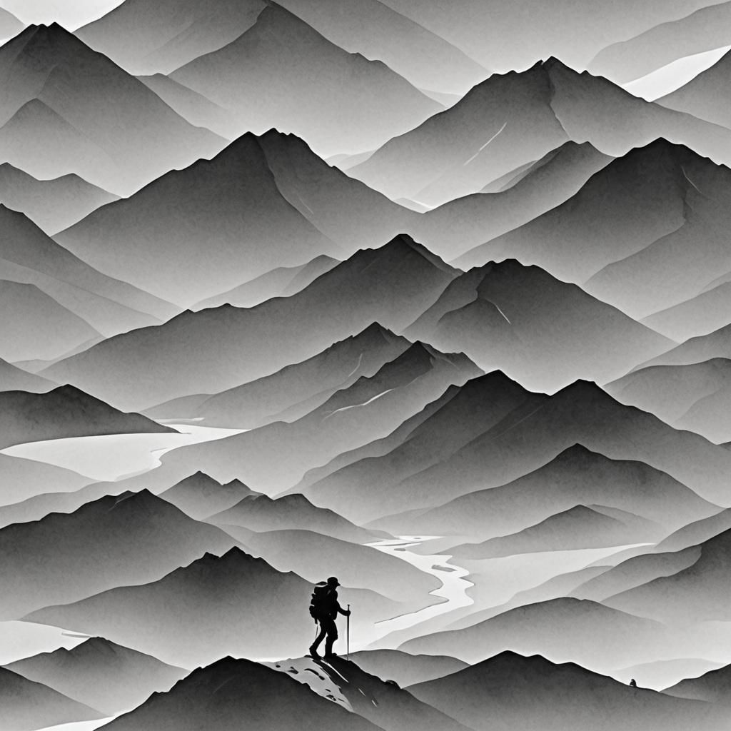 Minimalist Monochromatic Landscape with Hiker