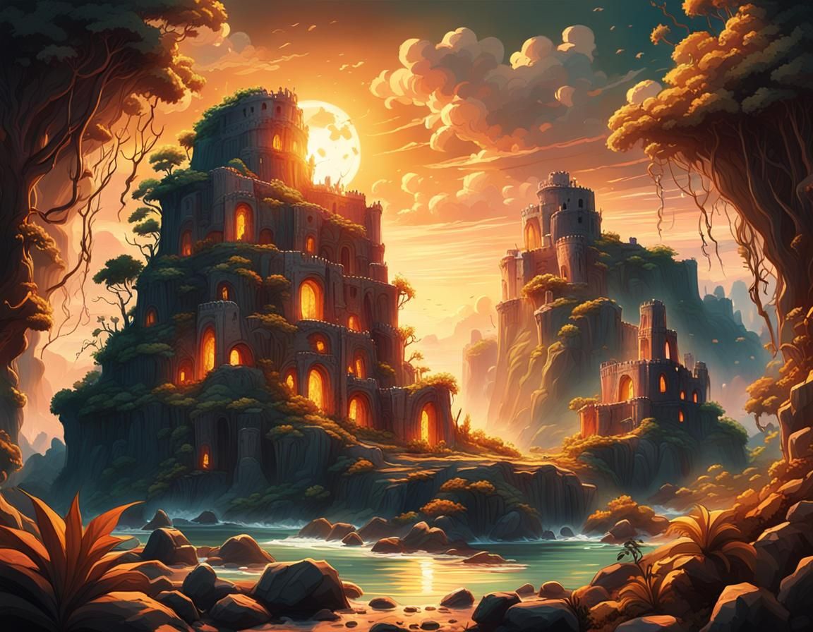 Cinematic Dark Fantasy Island with Giant Rock Hands