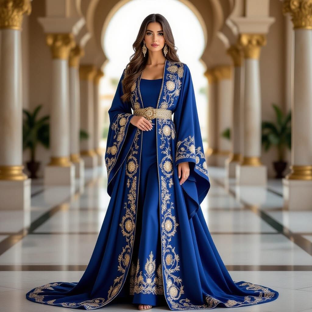 Majestic Royal Abaya with Gold Embroidery in Cinematic Style