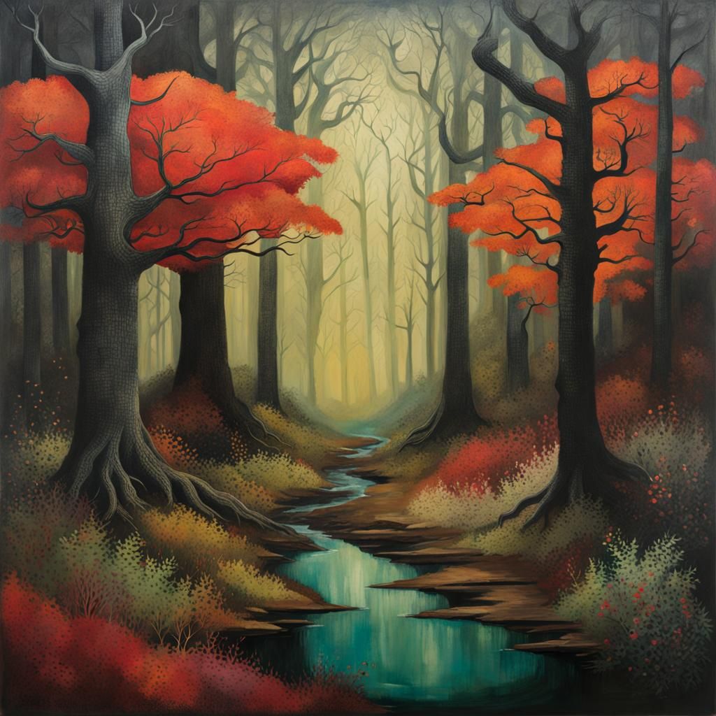 Eldritch Forest in Mixed Media Collage Style