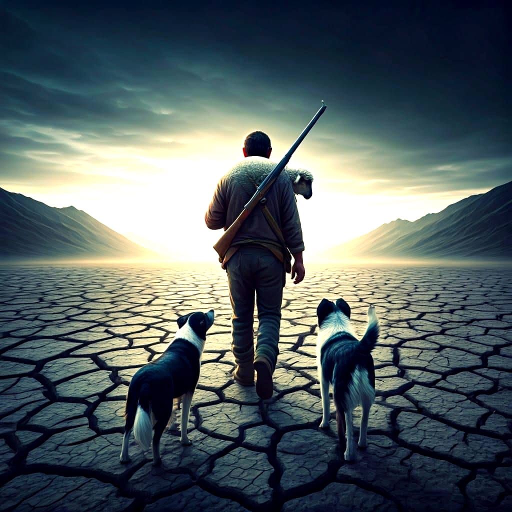 Farmer with Lamb in Drought, Detailed Matte Painting