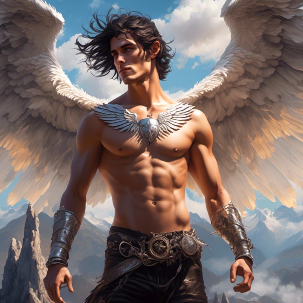 Winged Boy Flies with Eagle Over Mountains