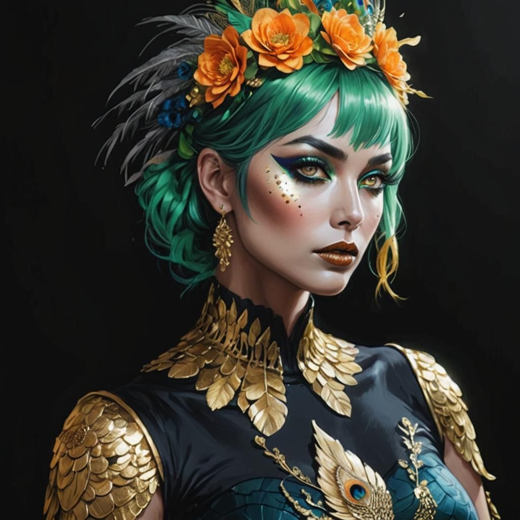 Golden Woman with Peacock Feathers, Comic Book Art
