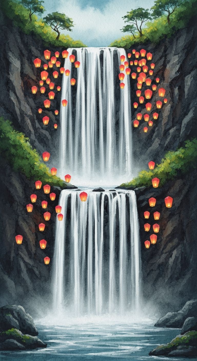 Glowing Lantern Waterfall Over Cliff in Gouache Style