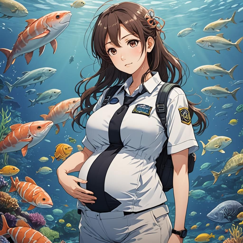 Pregnant Anime Marine Biologist in Manga Style