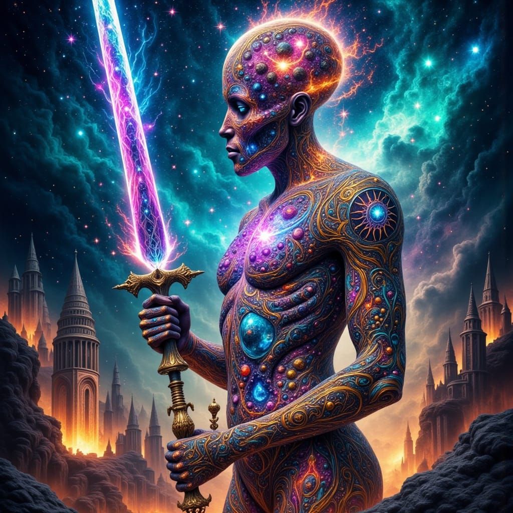 Cosmic Sugar Skull Warrior in Art Nouveau Style