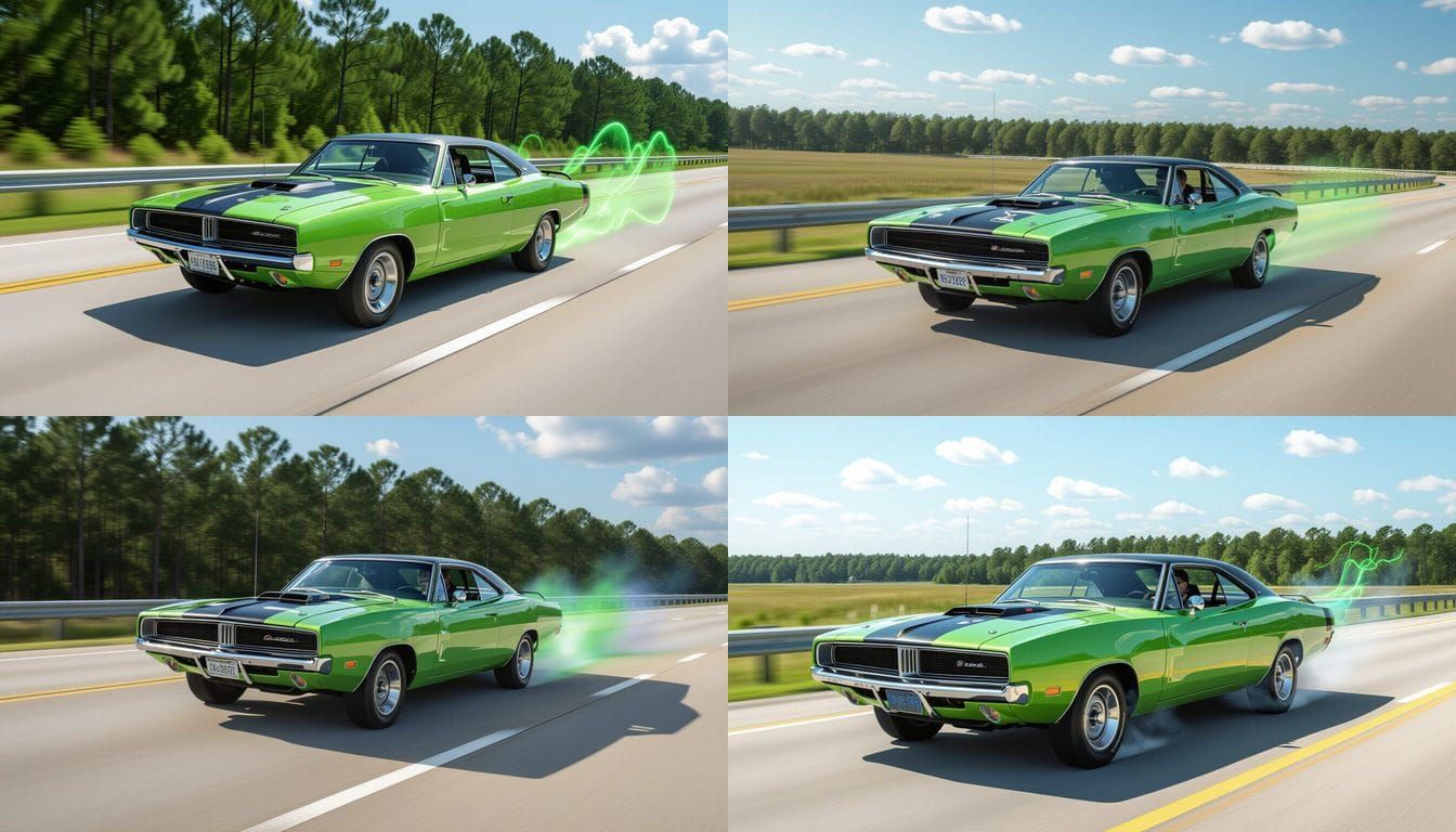 Neon Green 1969 Dodge Charger Speeds Down Highway