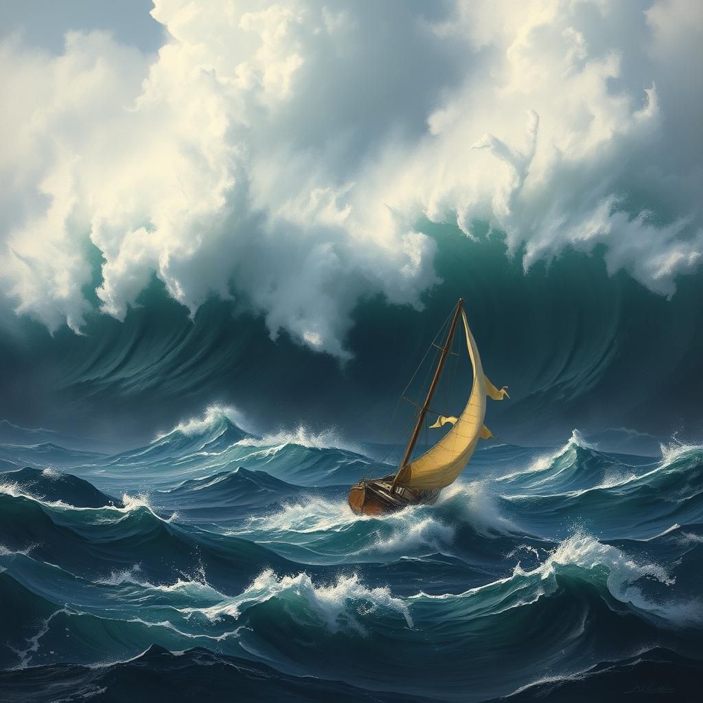 Turbulent Ocean with Sailboat in Romantic Style