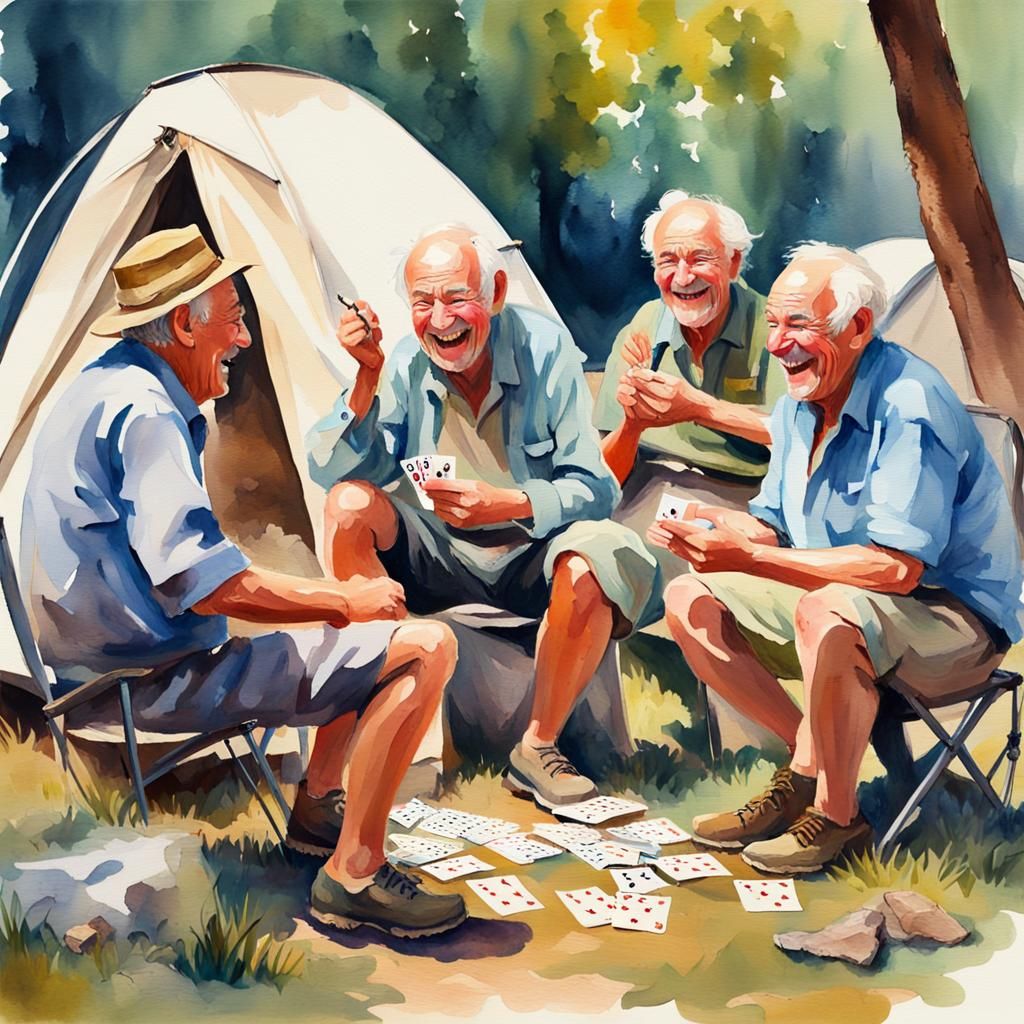 Laughing Old Men Camping: Watercolor Impressionist Painting