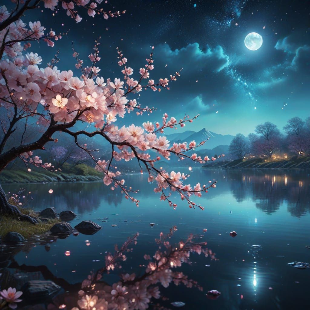 Surreal Crystal Cherry Blossoms at Night