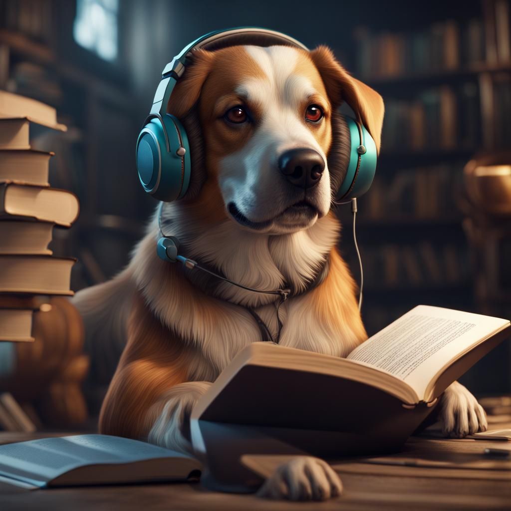 Dog Reads Book with Headphones: Detailed Matte Painting