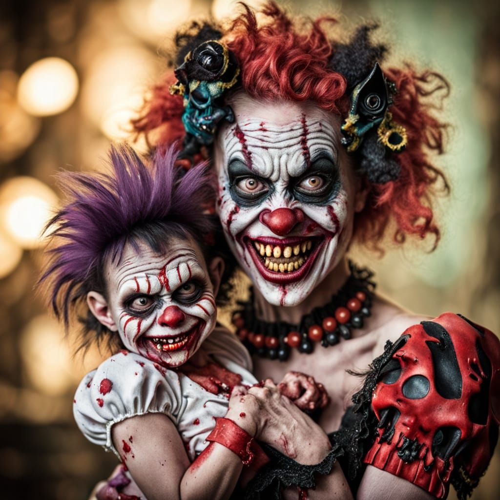 Surreal Burlesque Dancer with Zombie Monkey Monster Clown Ch...