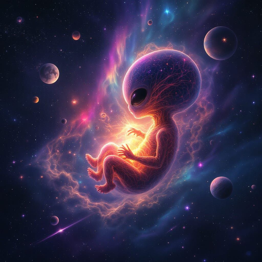 Alien Embryo in Nebula Sky with Aurora