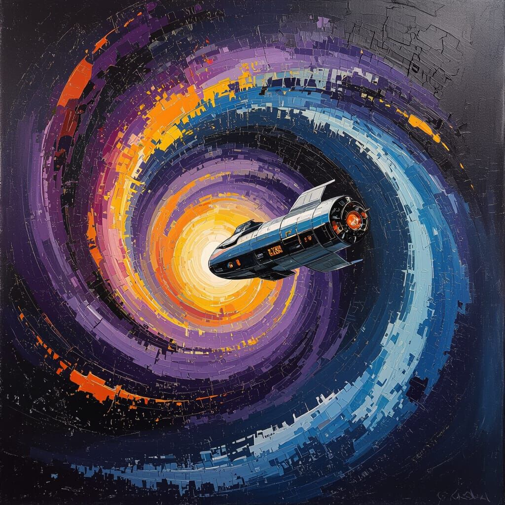 Spaceship Orbiting Icy Planet as Impasto Painting