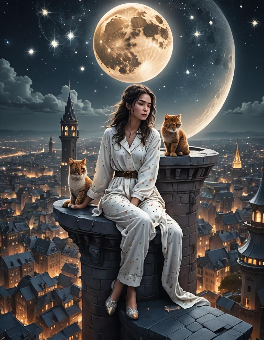 Dreamy Cityscape with Woman, Cat, and Starry Moon