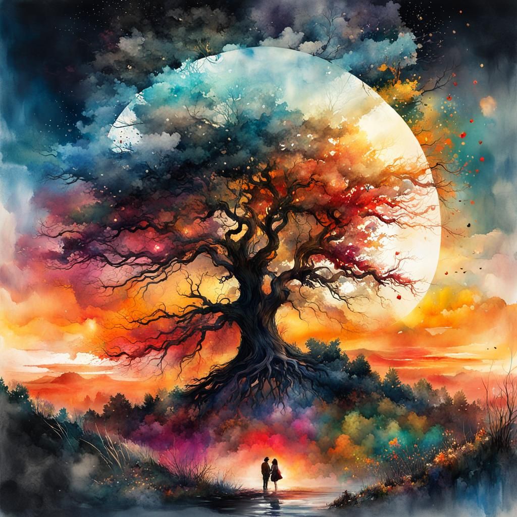 Sunset Seasonscape in Digital Watercolor Style