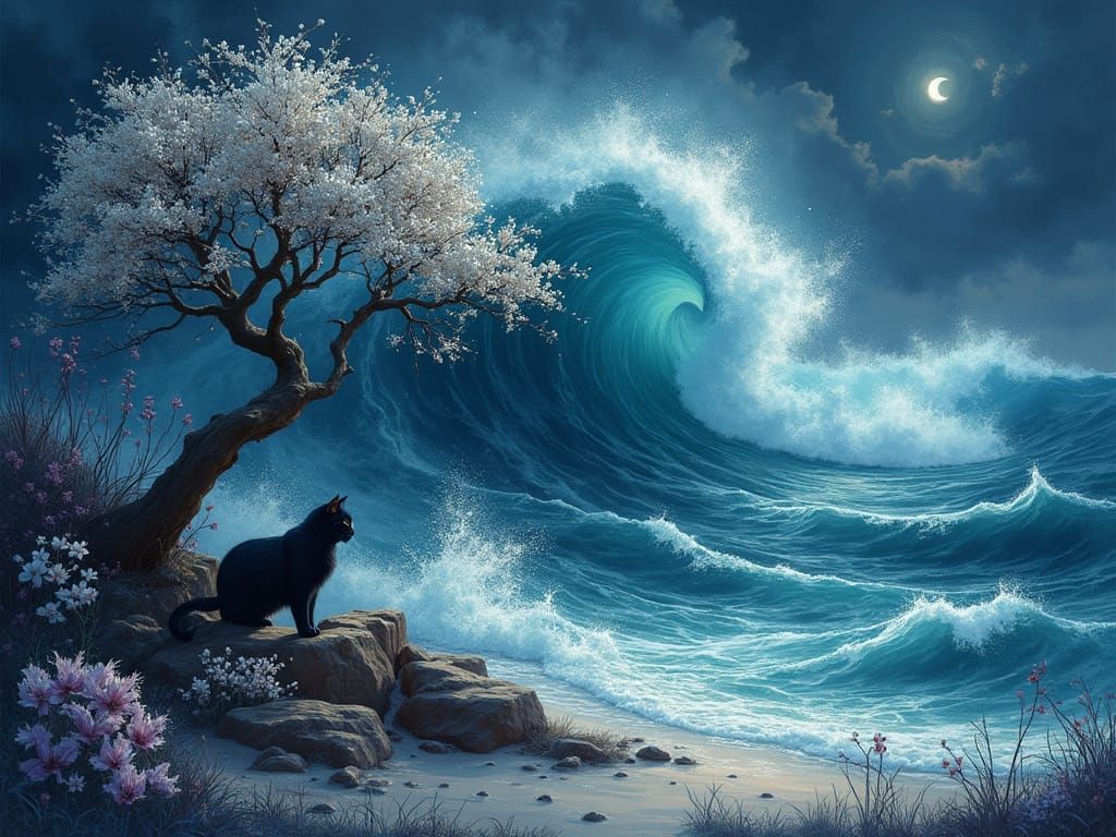Mystical Beach Scene with Celestial Cat