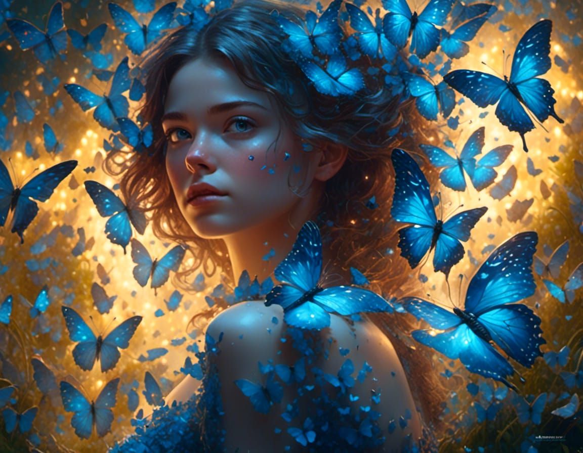 Woman in Butterfly Dress in Enchanted Garden