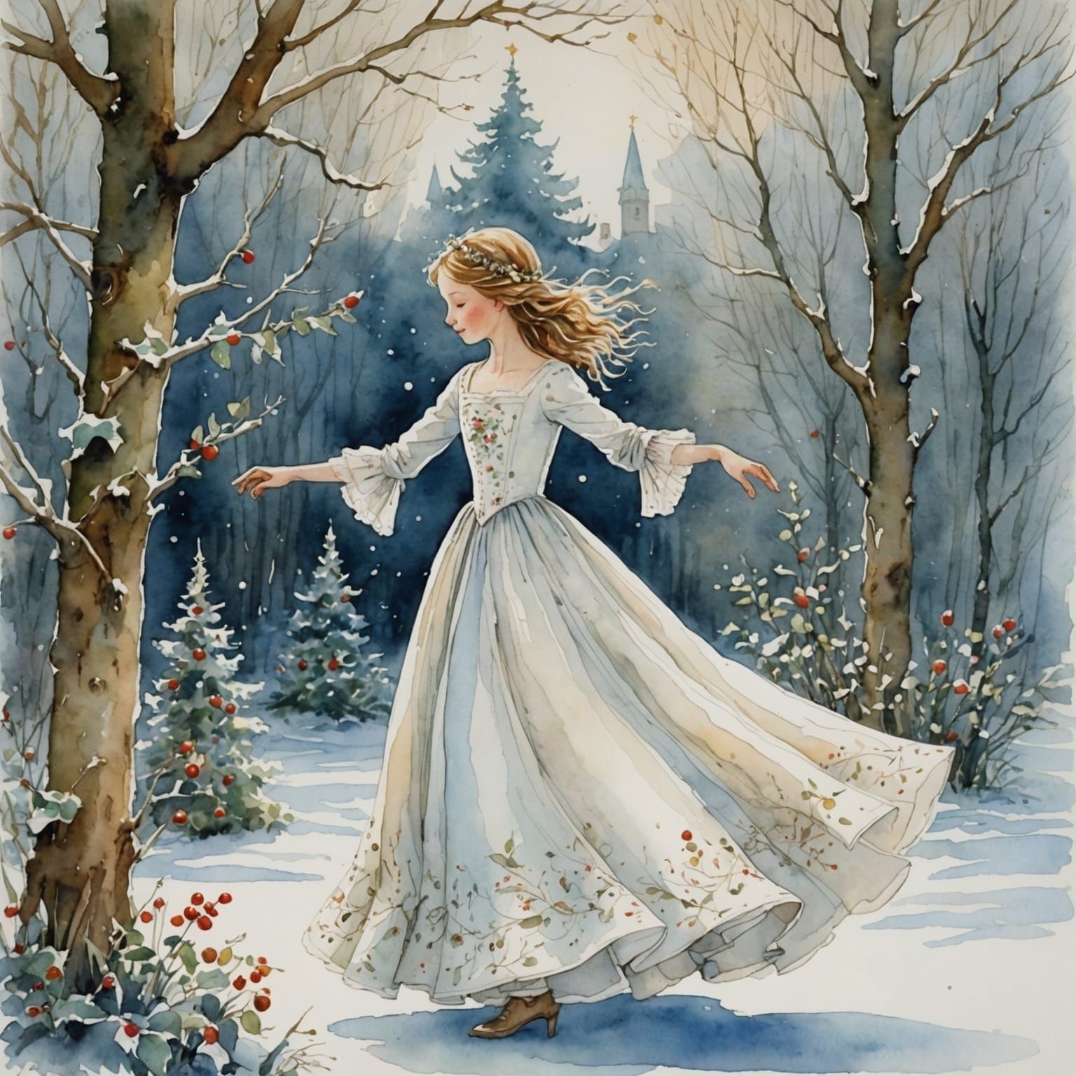 Girl Dancing in Winter Garden: Delicate Watercolor Fairytale