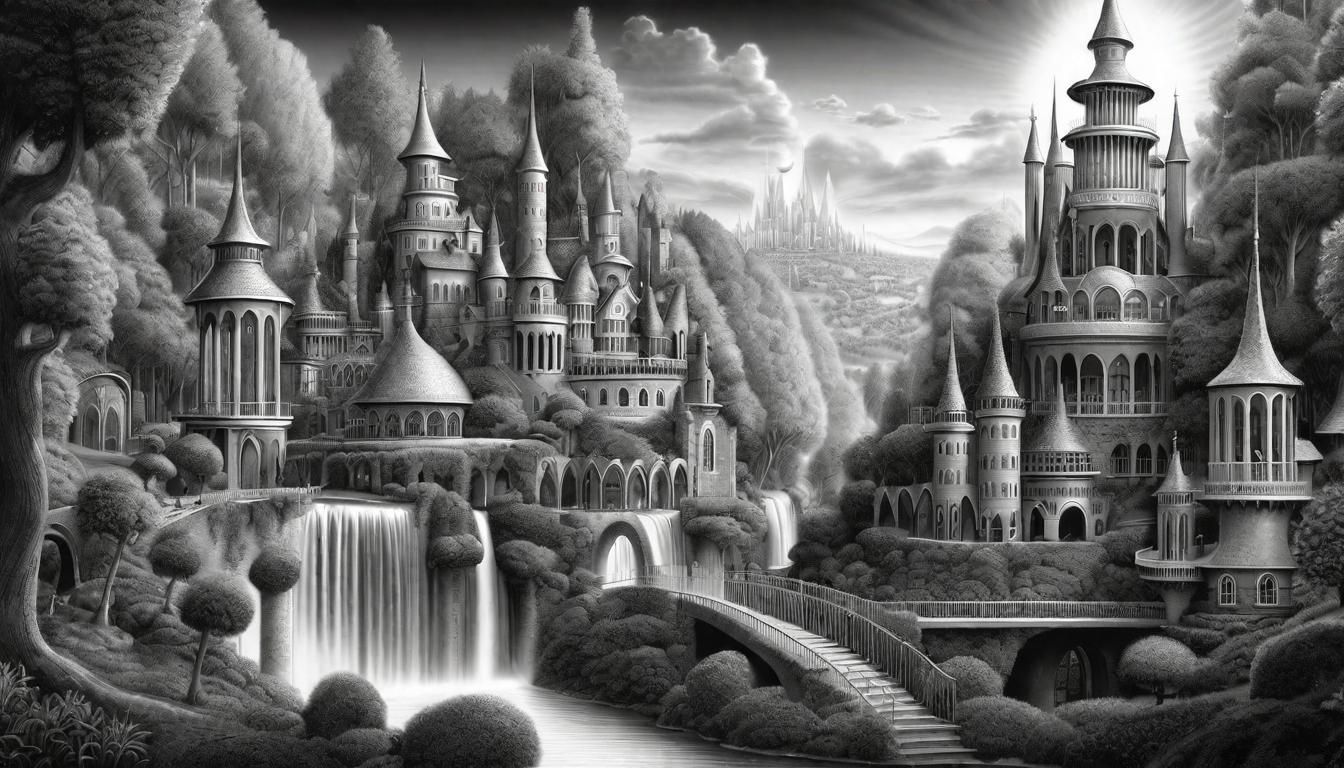 Magical Fairyland City: B&W Pencil Drawing