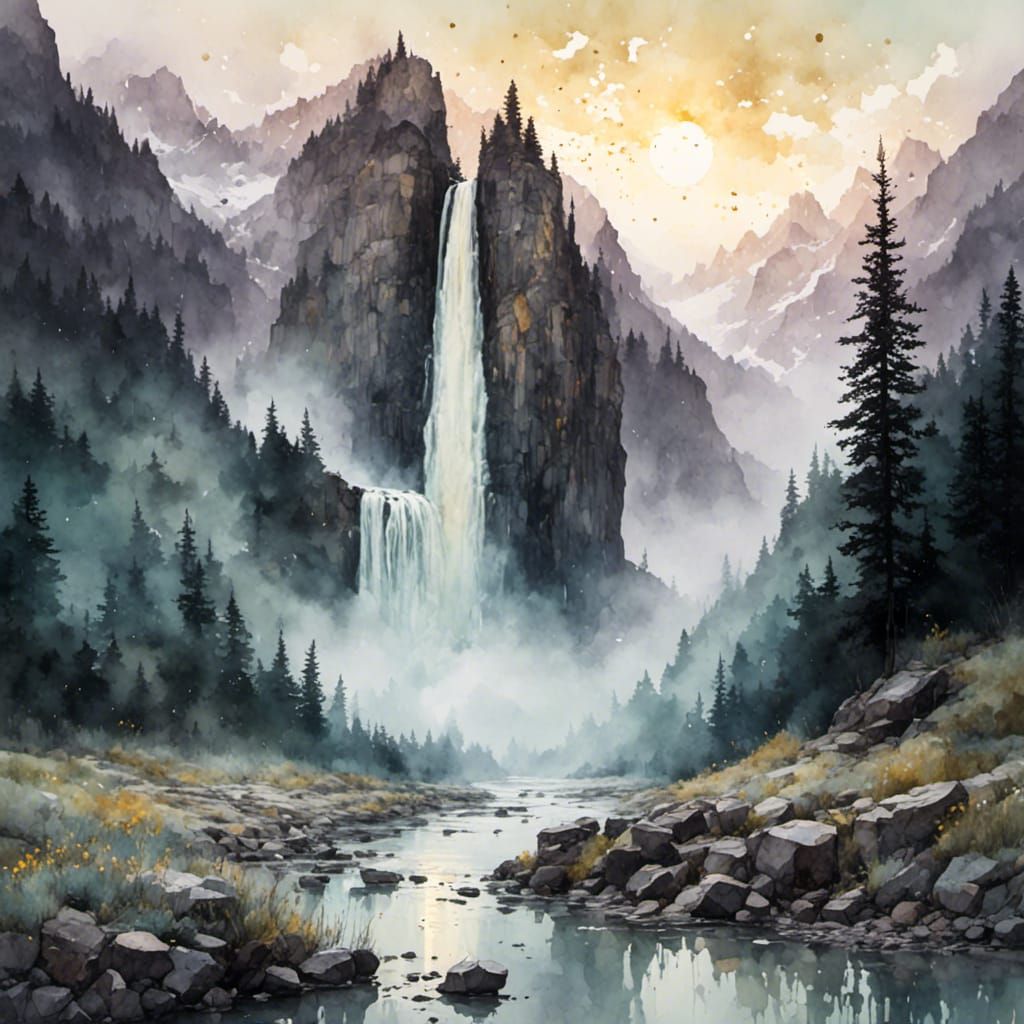 Dawn Over Glacial Waterfall in Antique Watercolor