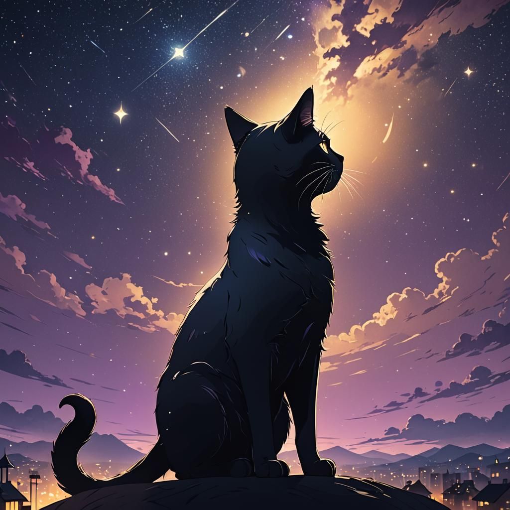 Noir Anime Cat Silhouette in Starry Night
