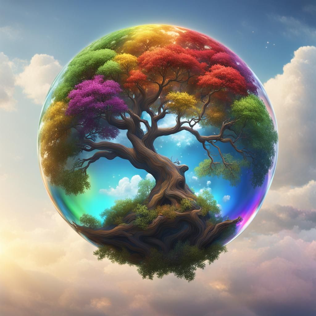 Rainbow World Bubble on Tree Branch
