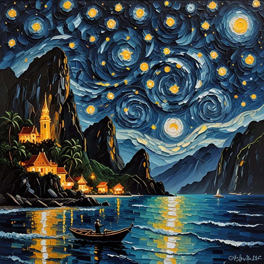 Vibrant Starry Night Landscape in Impasto Acrylic Style