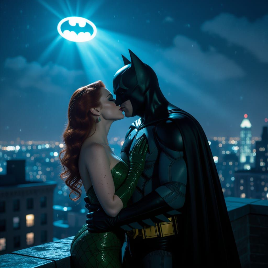 Poison Ivy and Batman Kiss Under Bat-Signal