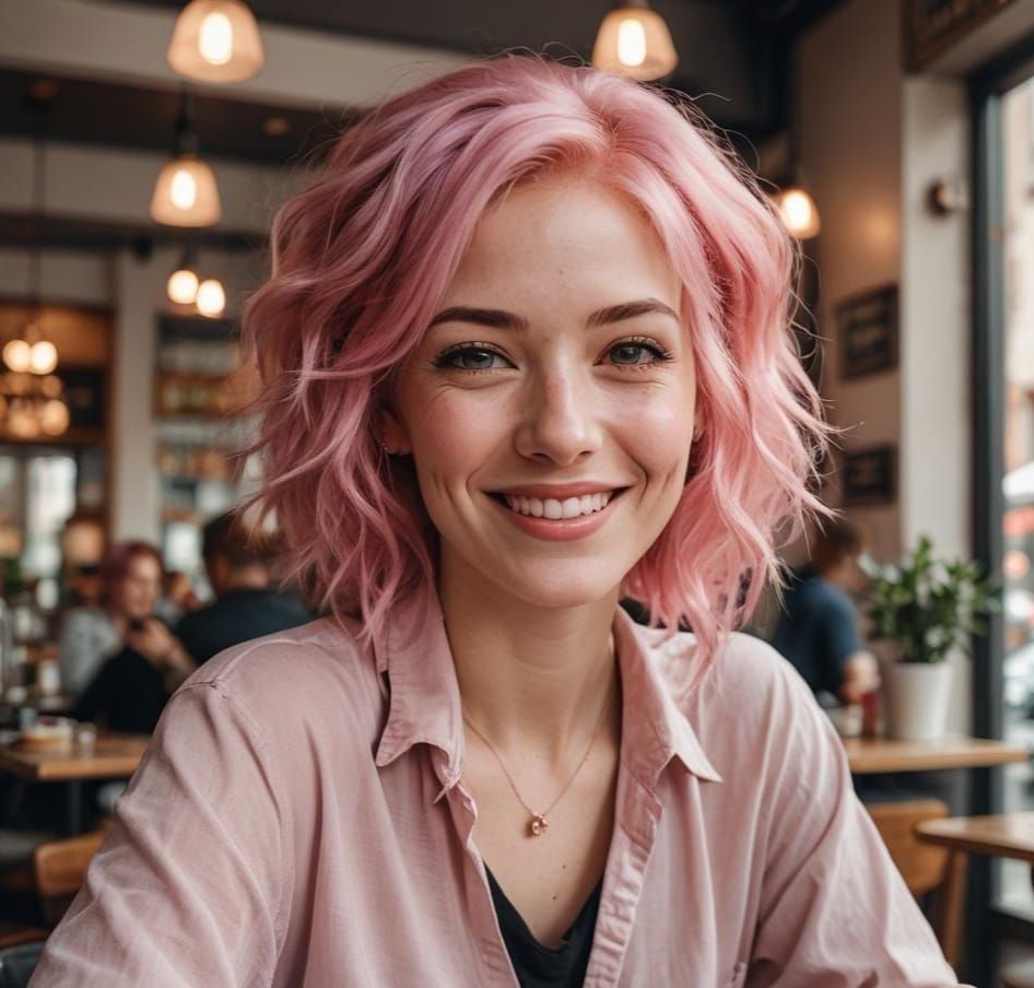Happy Pink-Haired Lady in Cafe Portrait