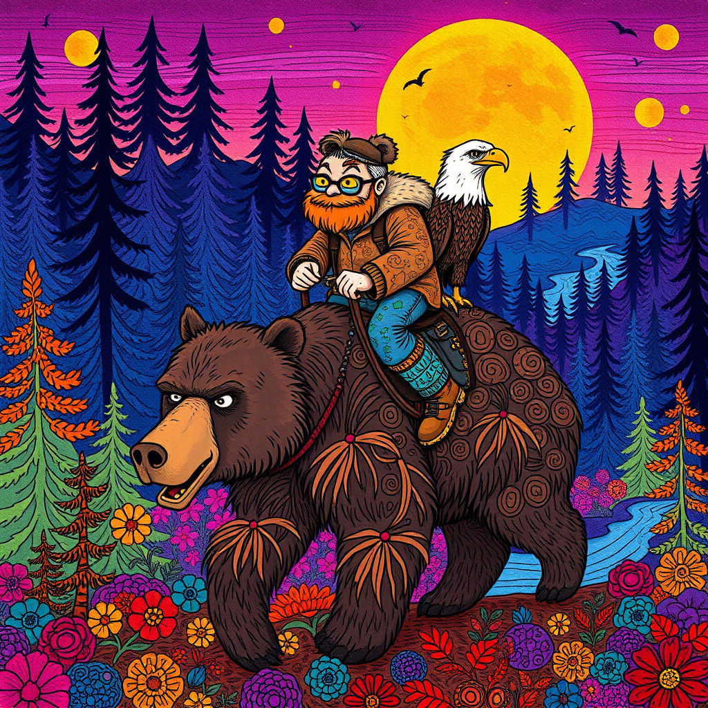 Whimsical Mountain Man Rides Disgruntled Bear in Doodle-Styl...