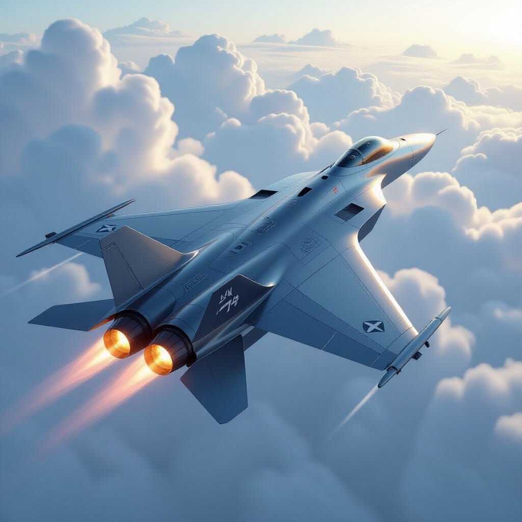 Futuristic F-42 Fighter Jet Soaring Through Clouds