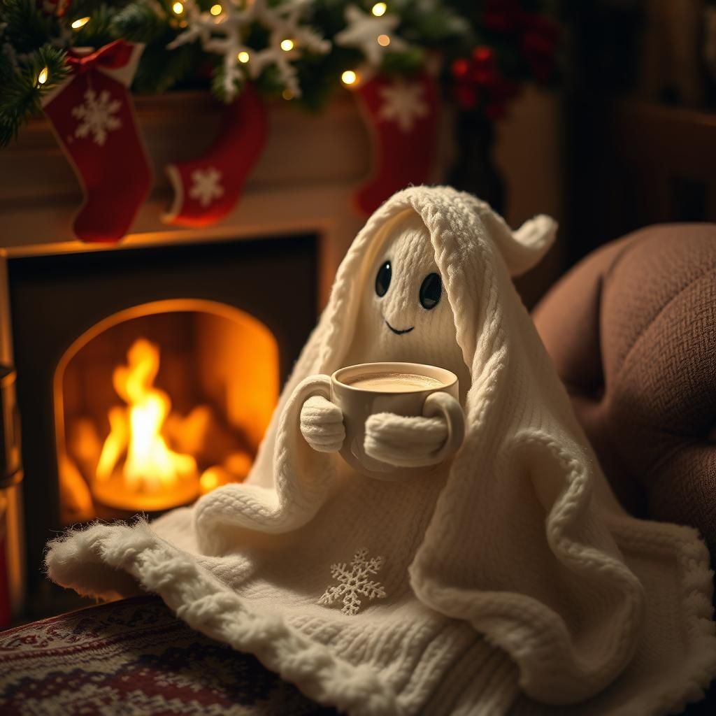 Cozy Christmas Ghost Sipping Cocoa by Fireplace