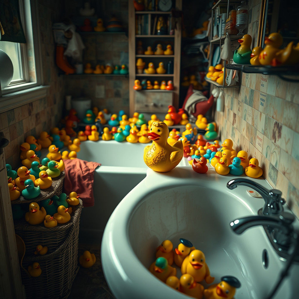 Hyperrealistic Bathroom Filled with Rubber Ducks