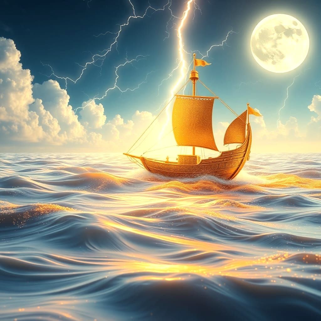 Golden Ship on Milky Blue Sea, Matte Painting